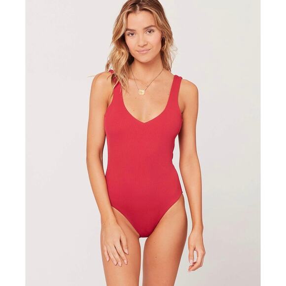 L Space Other - L*Space Arizona One Piece Swimsuit Red Pink Ribbed Low Back Scoop Swimwear 8